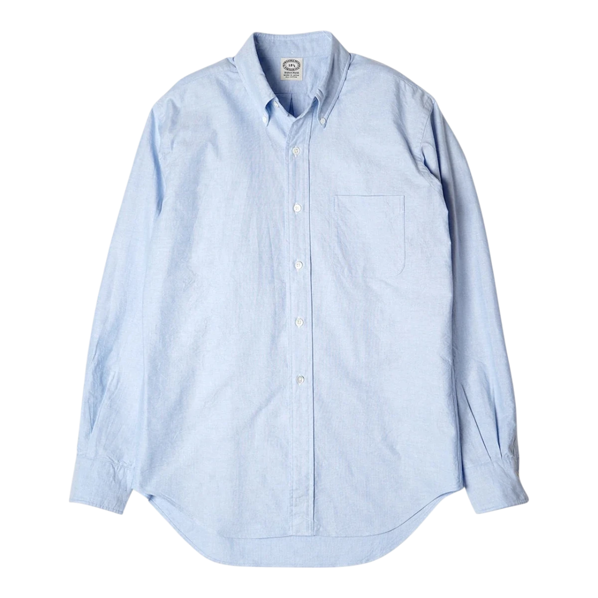 MILWORKS Vintage Ivy light blue cotton oxford button-down shirt with chest pocket and shell buttons, made in Japan.