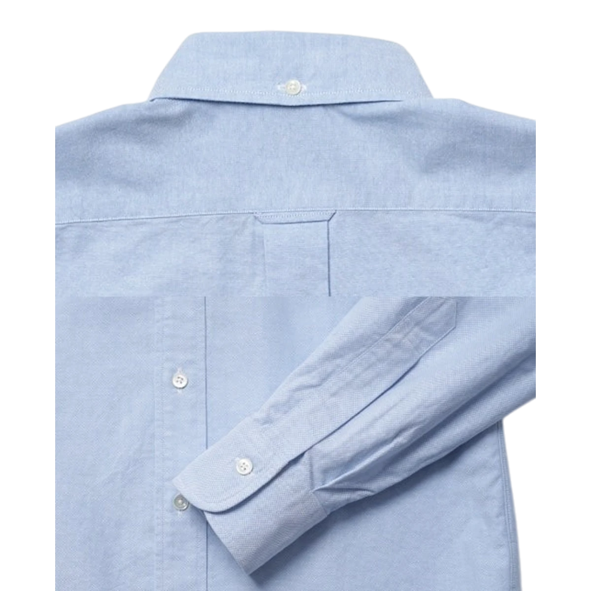 MILWORKS blue cotton oxford button-down shirt featuring a back collar button, locker loop, and pleated cuffs.