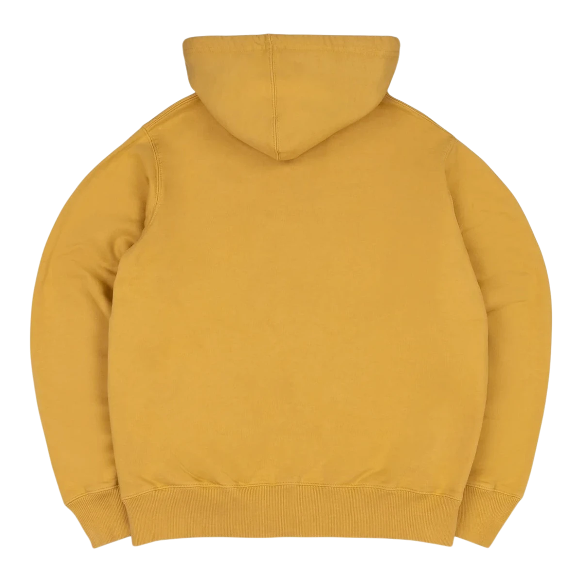 Back view of a MILWORKS vintage ochre heavyweight organic cotton fleece zip-up hoodie with a double-lined hood.