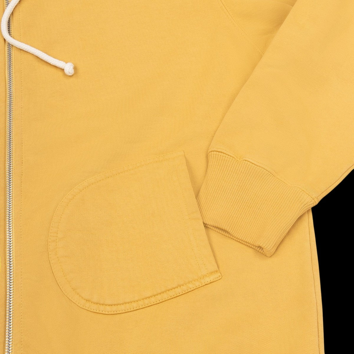 MILWORKS vintage ochre heavyweight cotton fleece zip-up hoodie with kangaroo pocket and silver YKK zipper detail.