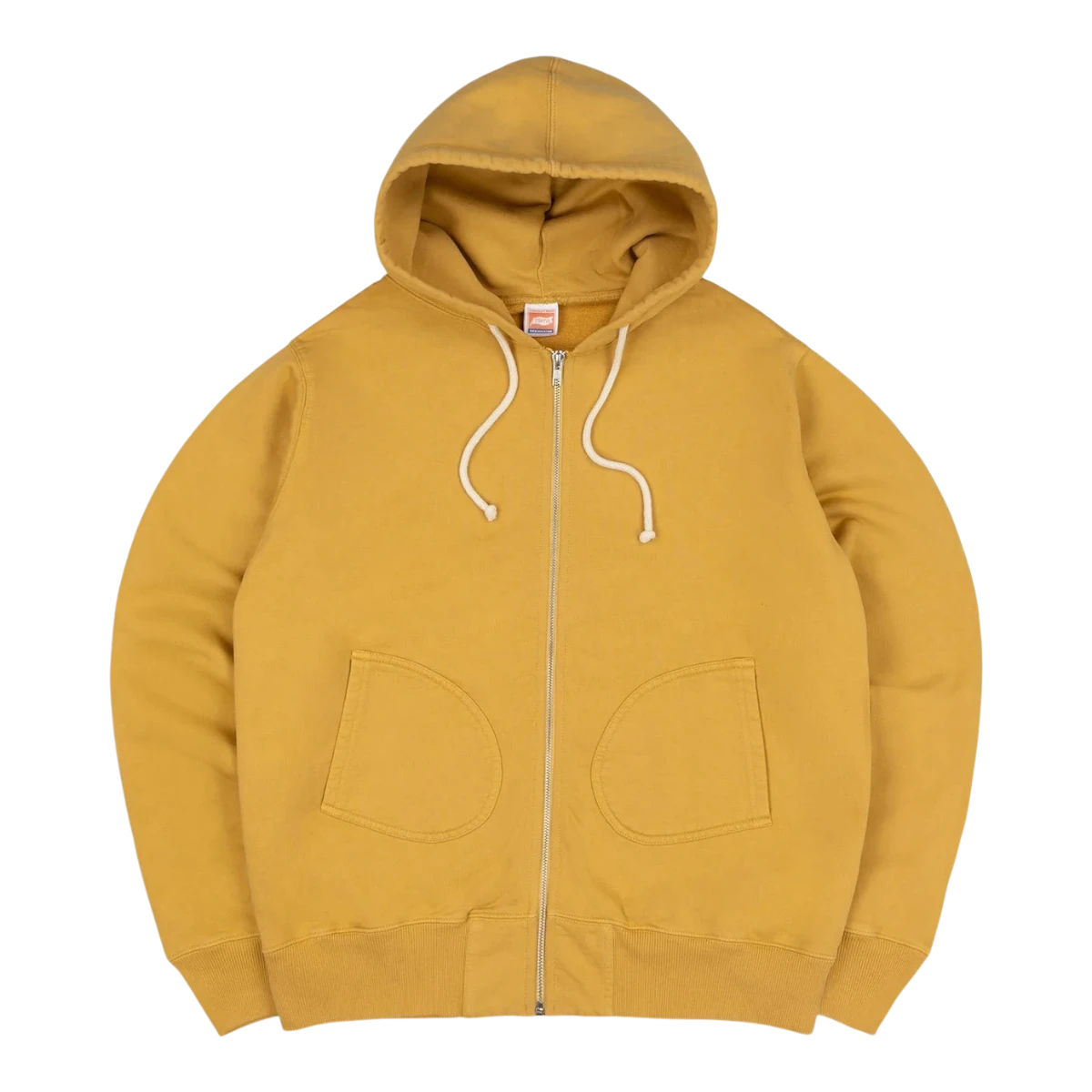 MILWORKS vintage ochre heavyweight cotton fleece zip-up hoodie with kangaroo pockets and a double-lined hood.