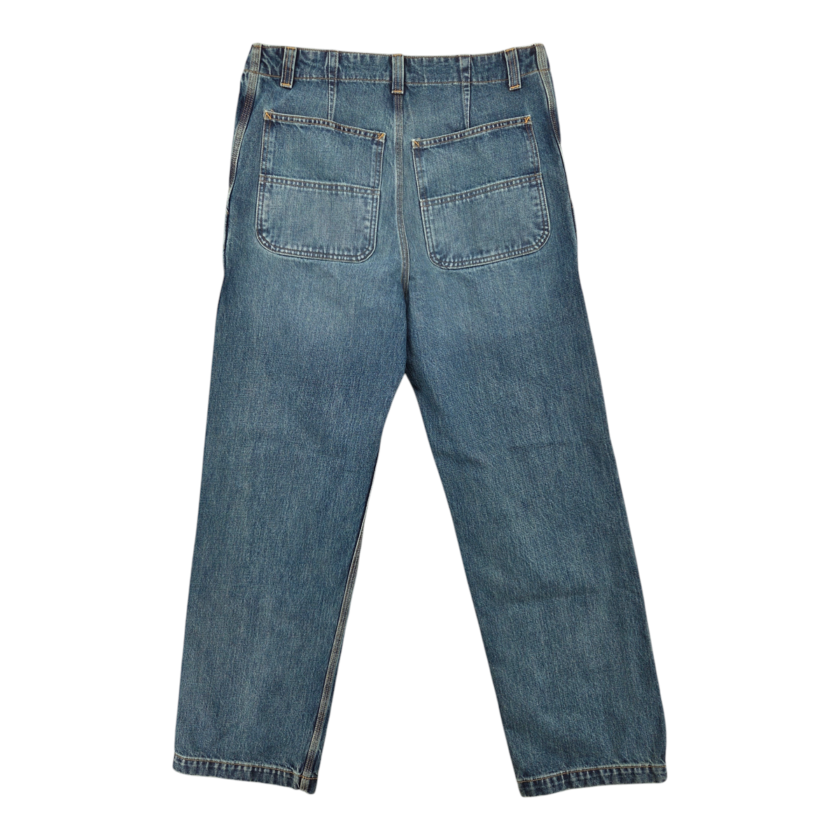 MILWORKS washed denim carpenter pants featuring a high rise, straight wide leg, and large back patch pockets.