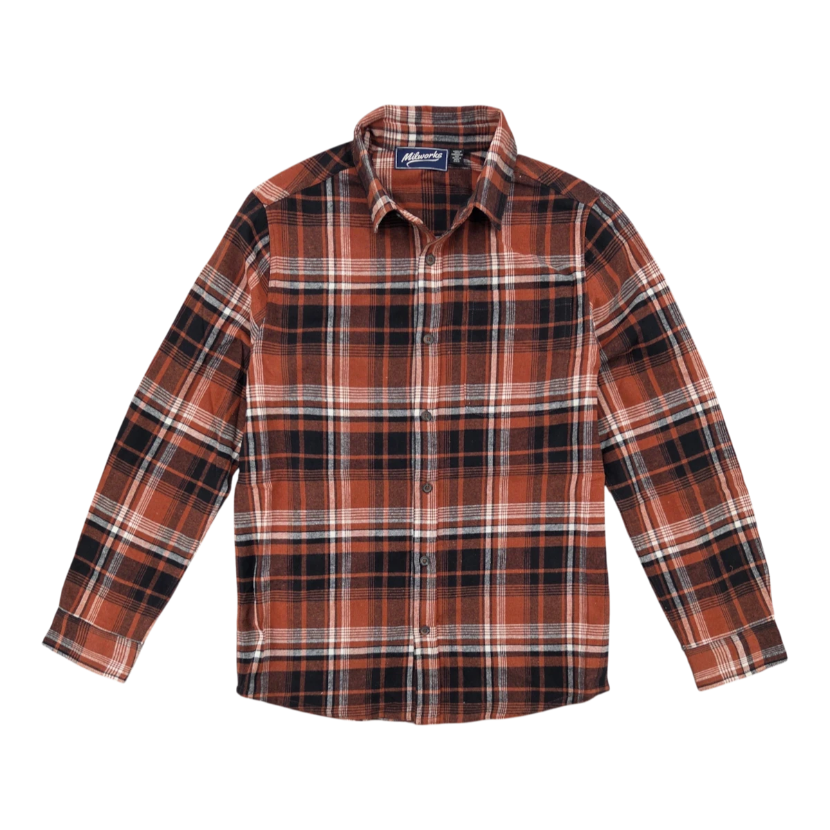 MILWORKS classic brushed flannel shirt in a washed red, black, and white plaid pattern with a button-front closure.