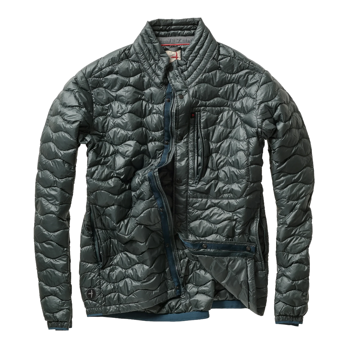 Milworks Wave-Quilt down jacket in black forest nylon micro-ripstop with snap buttons and zippered pockets.