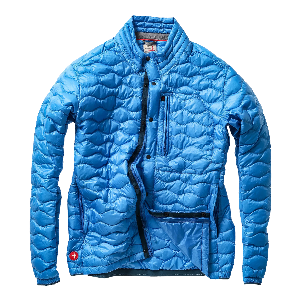 Milworks bright cobalt blue wave-quilt down jacket with snap buttons and zippered pockets in lightweight nylon.