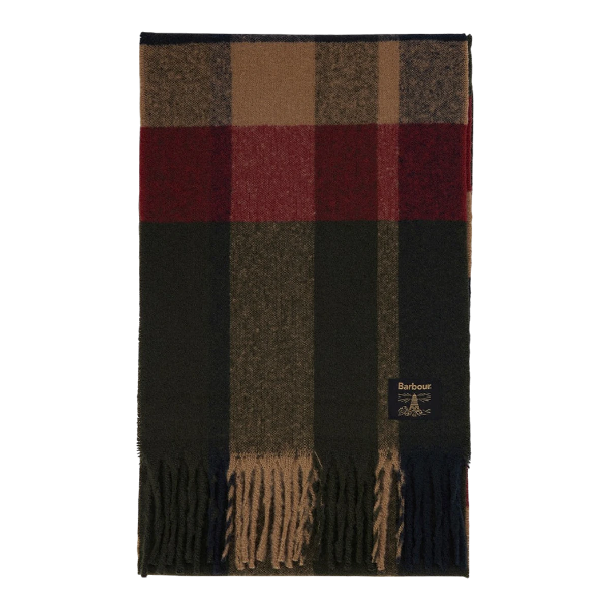 MILWORKS Westerdale check scarf in sage and sandstone boucle yarn with tassel hem and Barbour brand label