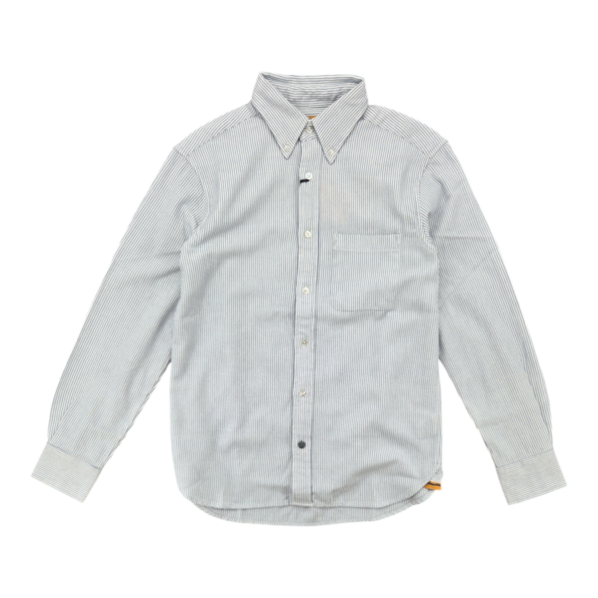 MILWORKS No5 classic button down shirt in white and blue striped handwoven oxford cotton with a chest pocket