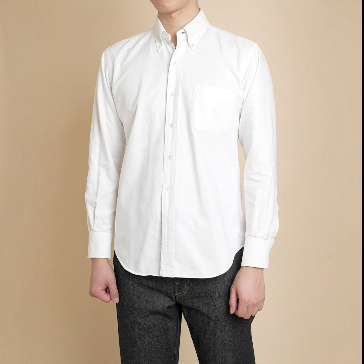 MILWORKS white cotton oxford button-down shirt with chest pocket, shell buttons, and classic Ivy league style fit.