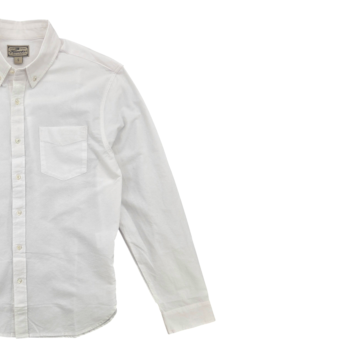 MILWORKS white classic oxford button-up shirt with a chest pocket and long sleeves in premium cotton cloth