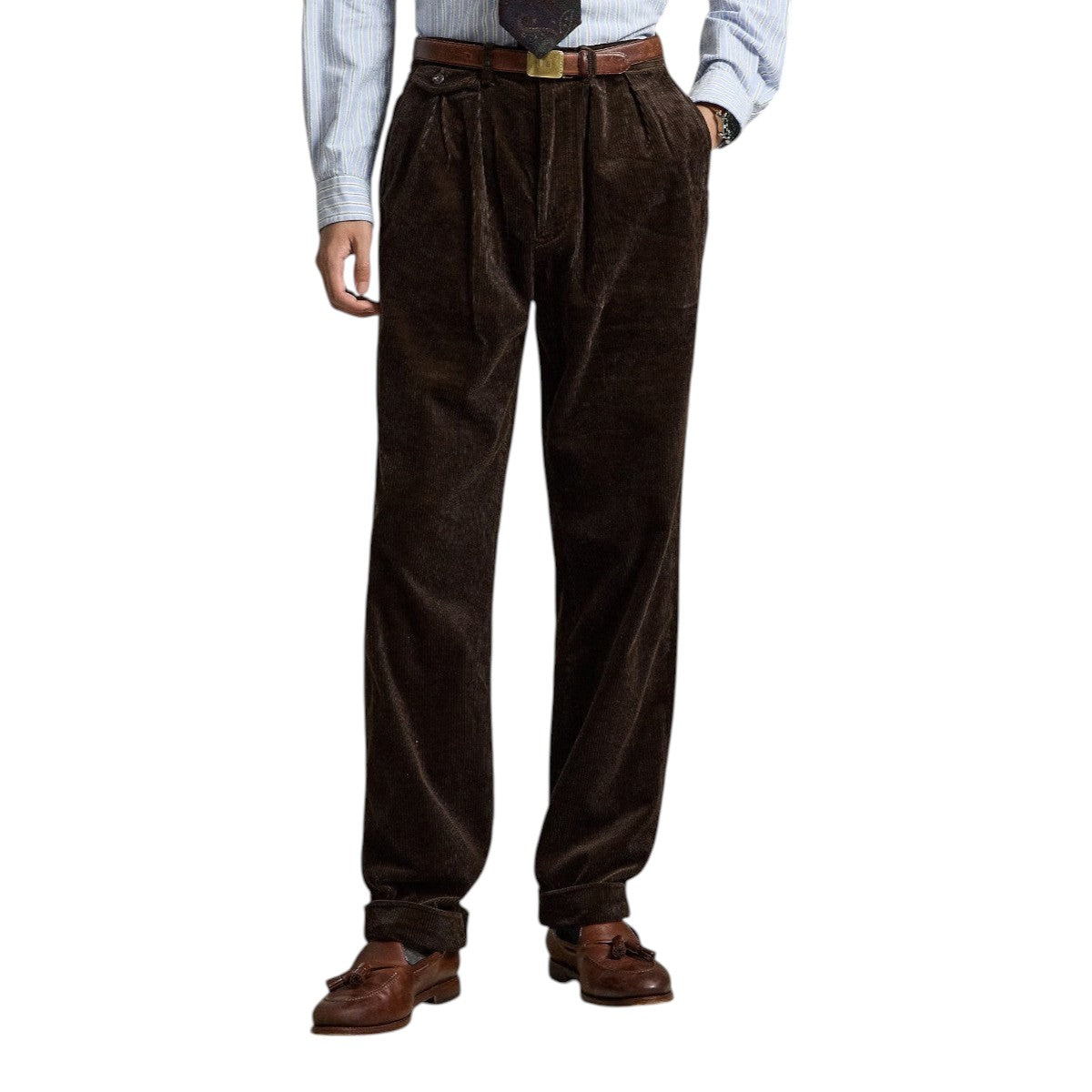 MILWORKS Whitman relaxed fit dark brown cotton corduroy pants with double-pleated front and cuffed hems