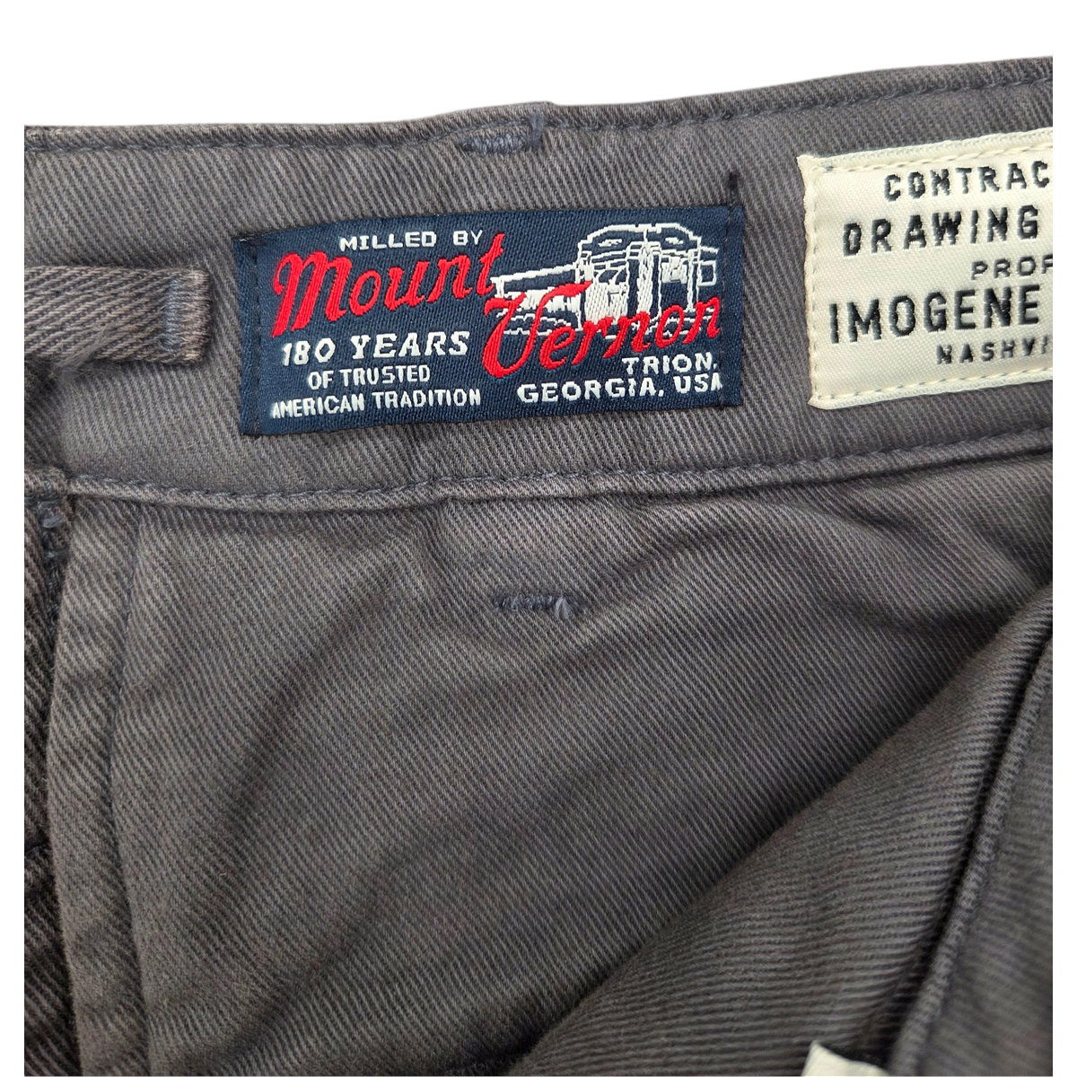 MILWORKS Wilkison Trouser in washed charcoal featuring a Mount Vernon mill label and vintage-inspired interior details.
