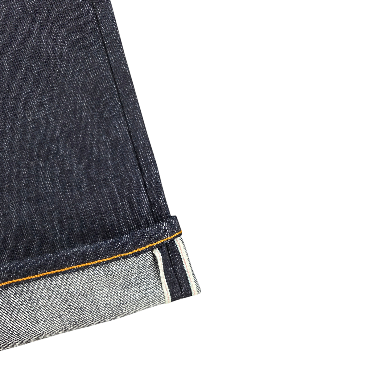 MILWORKS Willie Indigo Rigid JP selvage denim jeans cuff showing orange stitching and white selvage ID