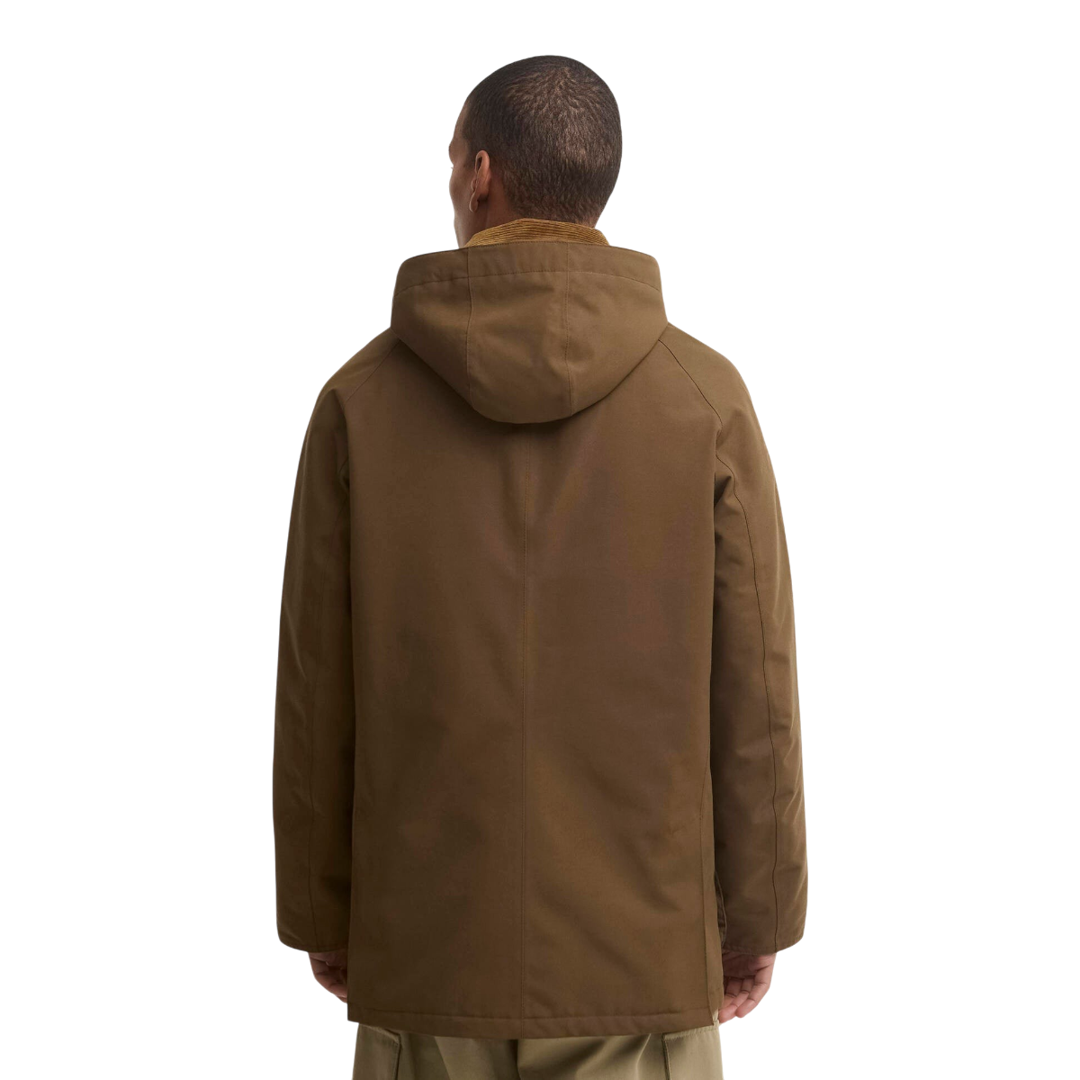 Back view of a man wearing a MILWORKS Winter Ashby waterproof jacket in dark sand with a detachable hood