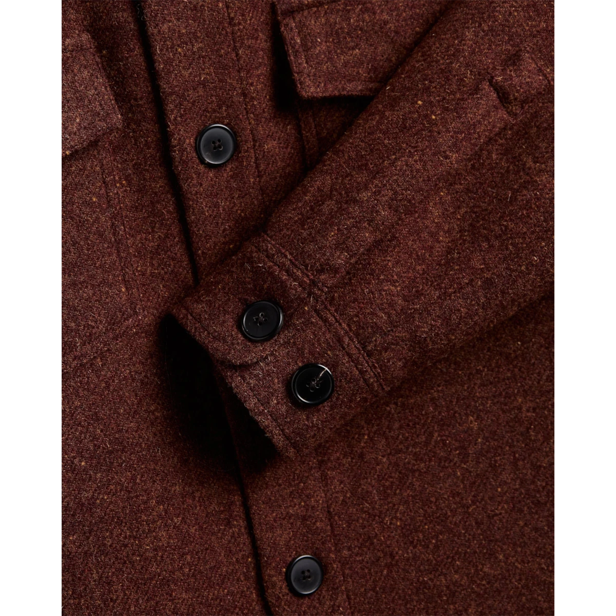MILWORKS Portuguese Flannel wool field overshirt in dark brown with resin buttons and textured fabric detail