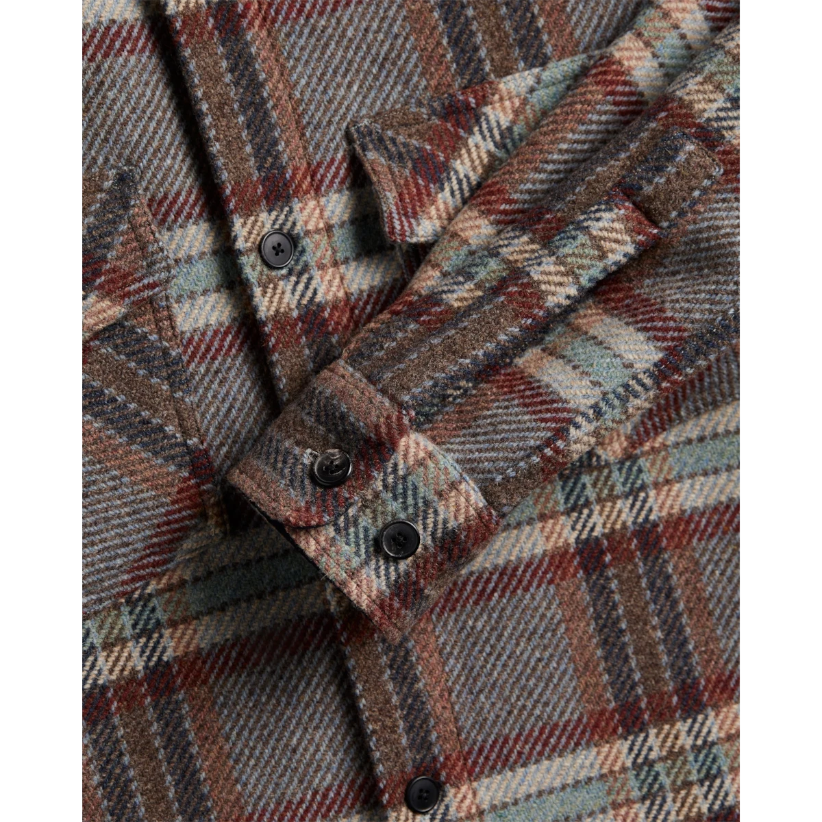 MILWORKS Portuguese Flannel wool field overshirt in a green and brown plaid pattern with resin buttons