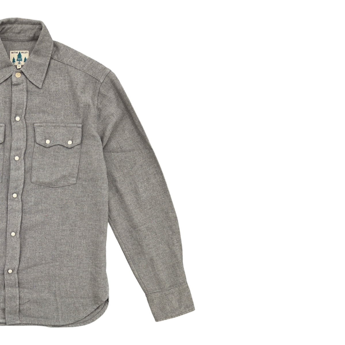 MILWORKS Wythe washed flannel pearlsnap shirt in dapple grey featuring sawtooth pockets and cream pearl snap buttons.