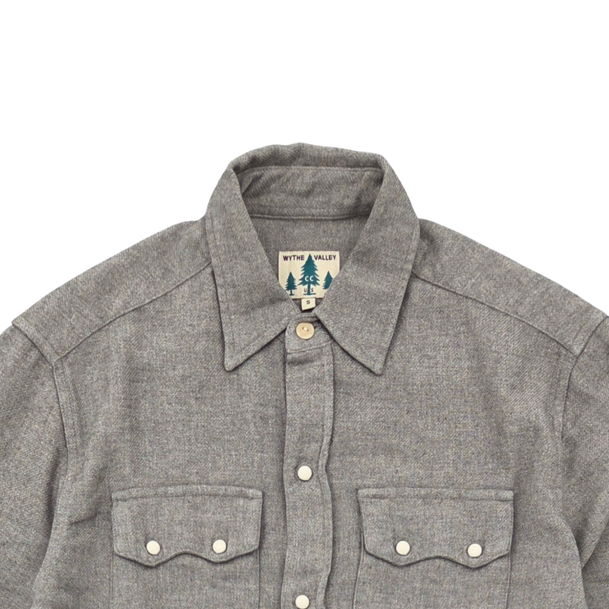 MILWORKS Wythe dapple grey washed cotton flannel shirt with sawtooth pockets and cream pearl snap buttons