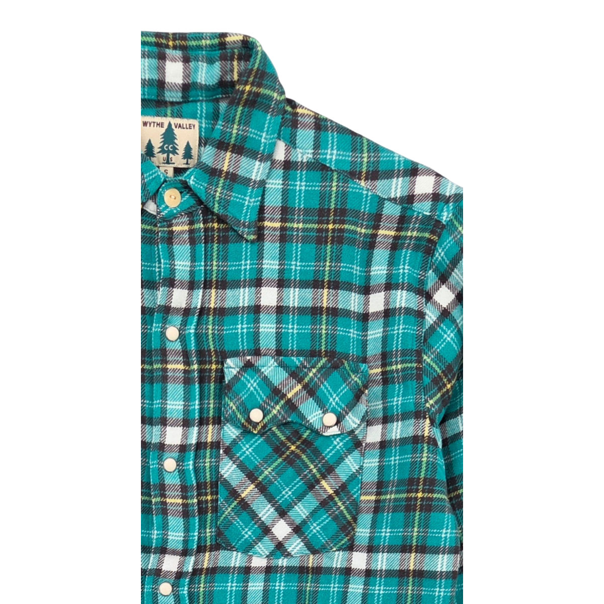 MILWORKS Wythe Washed Flannel Pearlsnap Shirt in Thousand Lakes plaid with cream pearl snaps and chest pocket