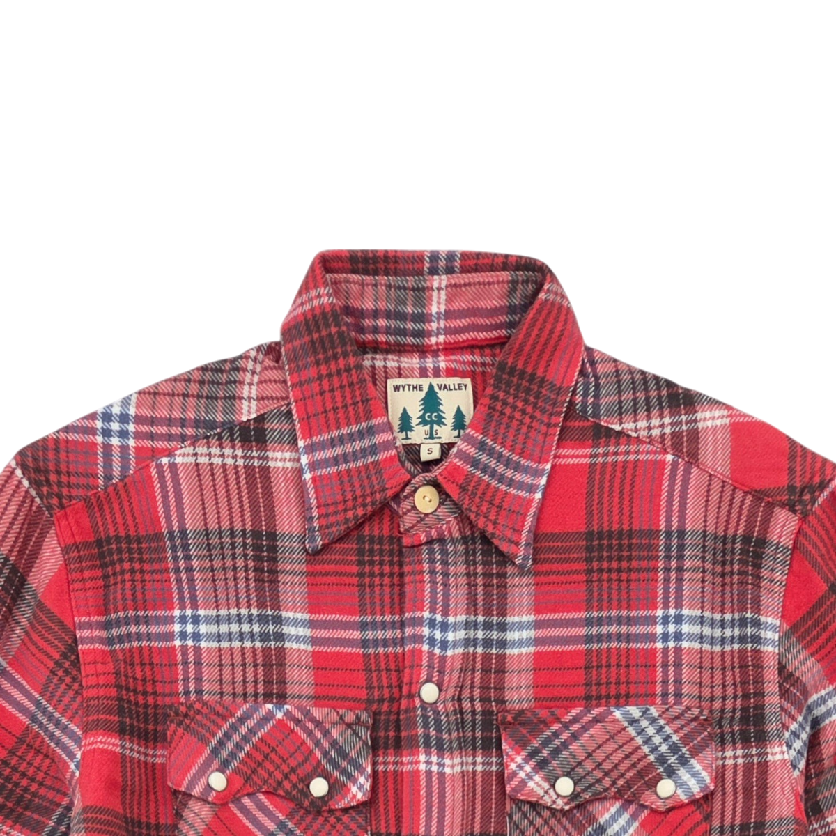 MILWORKS Wythe washed flannel pearlsnap shirt in cactus flower red plaid with cream pearl snap buttons