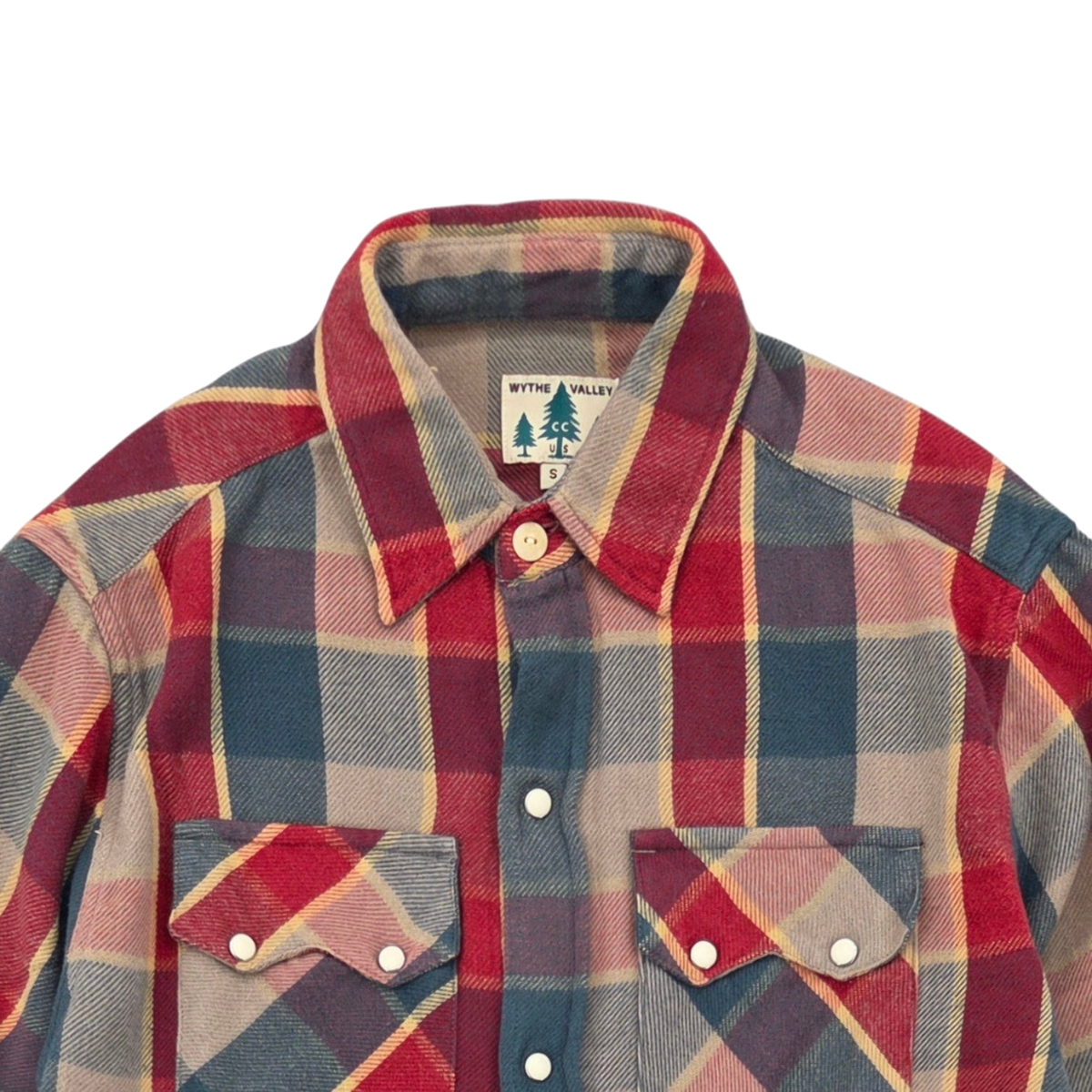 MILWORKS Wythe washed cotton flannel shirt in conservation plaid with pearl snap buttons and sawtooth pockets