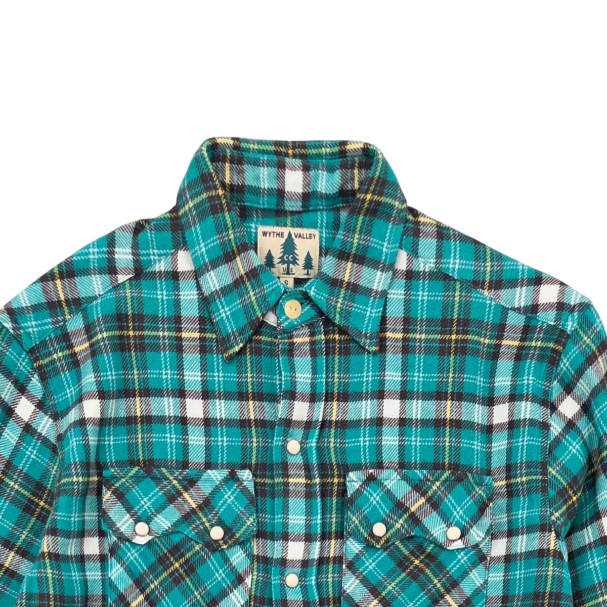 MILWORKS Wythe washed flannel pearlsnap shirt in teal, white, and yellow Thousand Lakes plaid with sawtooth pockets