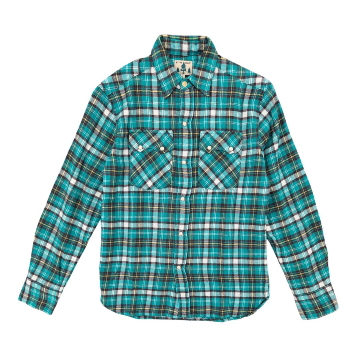 MILWORKS Wythe washed flannel pearlsnap shirt in Thousand Lakes plaid featuring dual sawtooth pockets and pearl snaps.