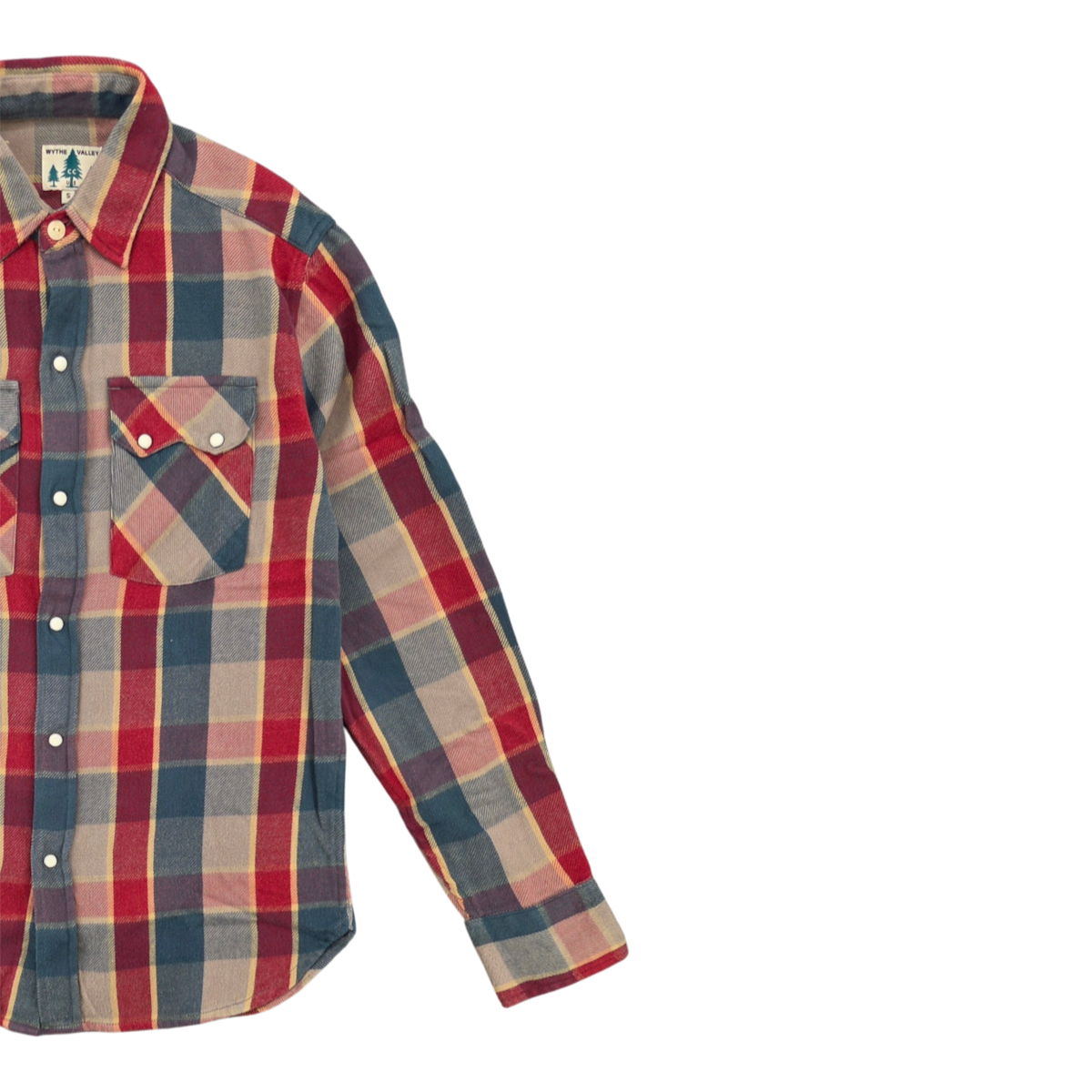 MILWORKS Wythe washed flannel pearlsnap shirt in conservation plaid featuring cream pearl snaps and sawtooth pockets.