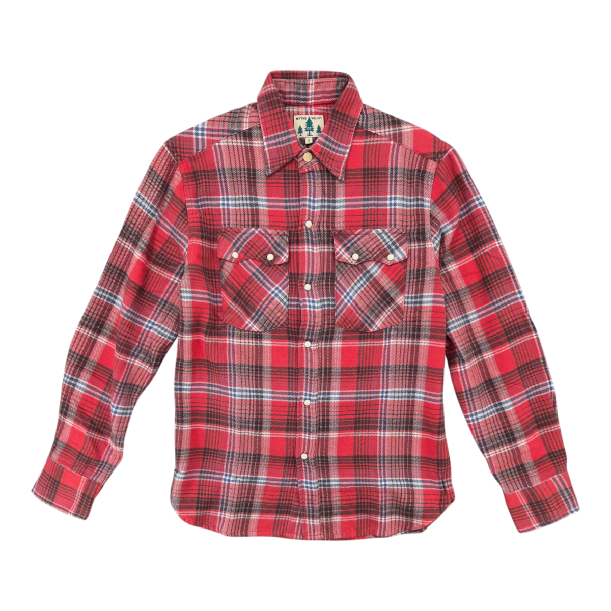 MILWORKS Wythe washed flannel pearl snap shirt in cactus flower plaid with sawtooth pockets and cream pearl snaps