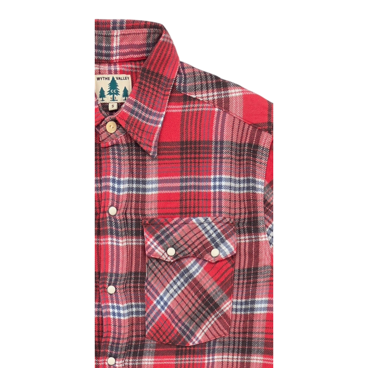 MILWORKS Wythe washed flannel pearl snap shirt in cactus flower plaid with sawtooth pocket and cream pearl snaps
