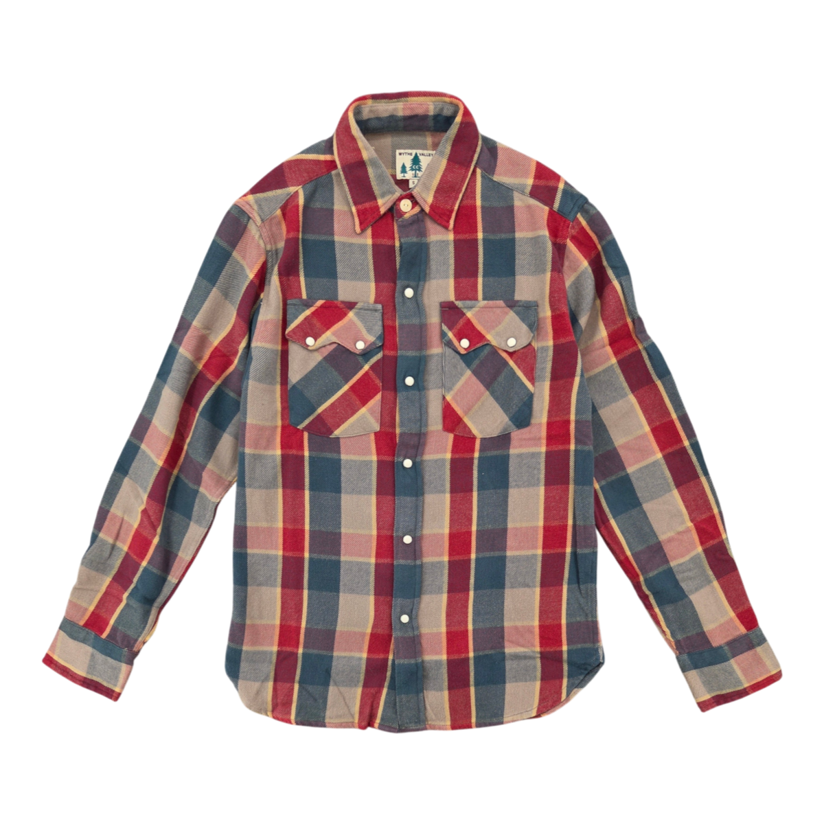 MILWORKS Wythe washed flannel western shirt in conservation plaid with pearl snap buttons and sawtooth pockets.