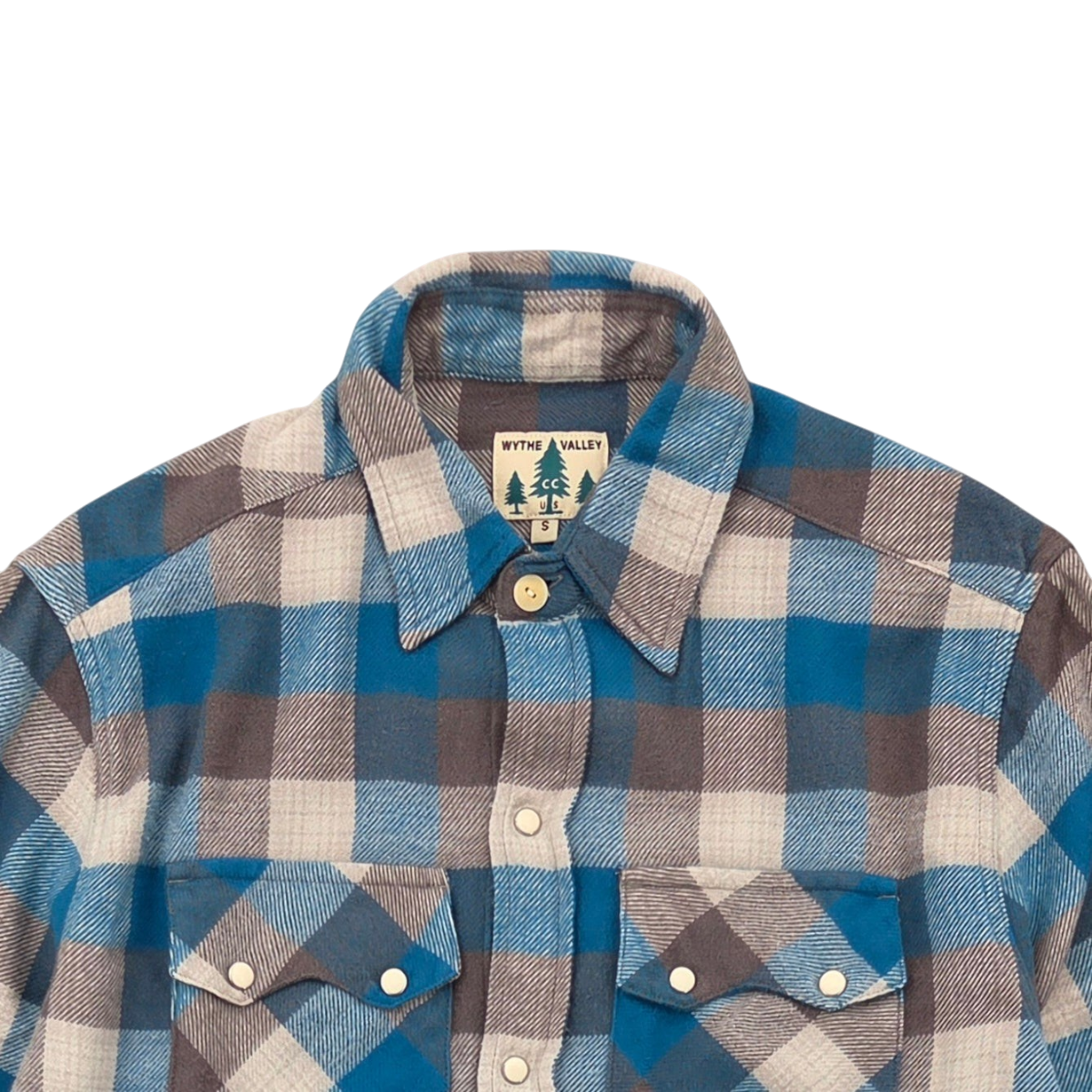 MILWORKS Wythe washed flannel pearlsnap shirt in glacier plaid with cream pearl snaps and sawtooth pockets.