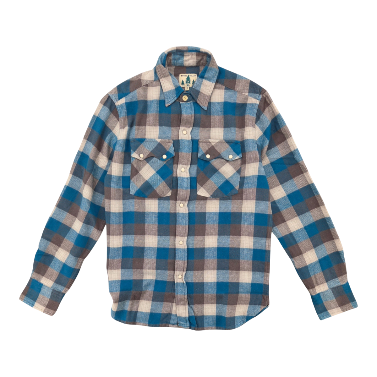 MILWORKS Wythe washed flannel pearlsnap shirt in glacier plaid with sawtooth pockets and cream pearl snap buttons.
