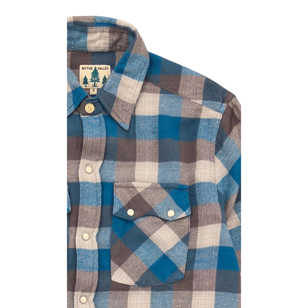 MILWORKS Wythe washed cotton flannel shirt in glacier blue and grey plaid with pearl snap buttons and sawtooth pocket