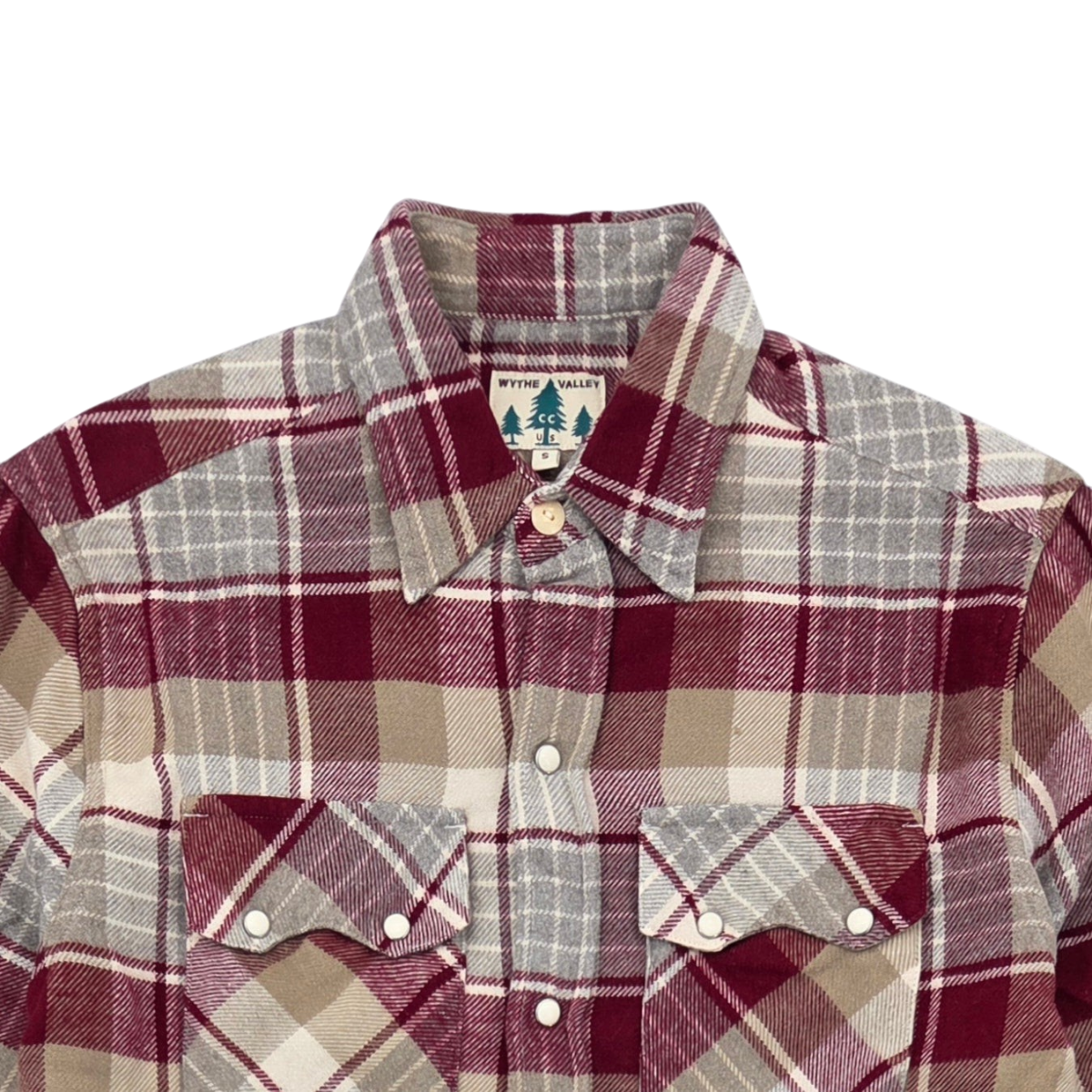 MILWORKS Wythe washed flannel pearlsnap shirt in merlot plaid with sawtooth pockets and cream pearl snap buttons