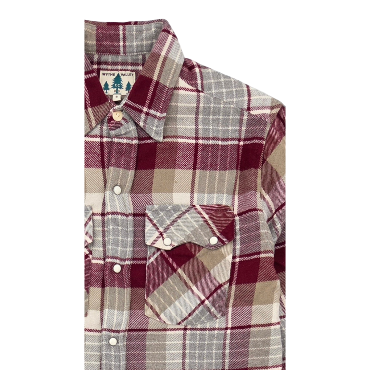 MILWORKS Wythe washed cotton flannel shirt in merlot plaid with sawtooth pockets and cream pearl snap buttons
