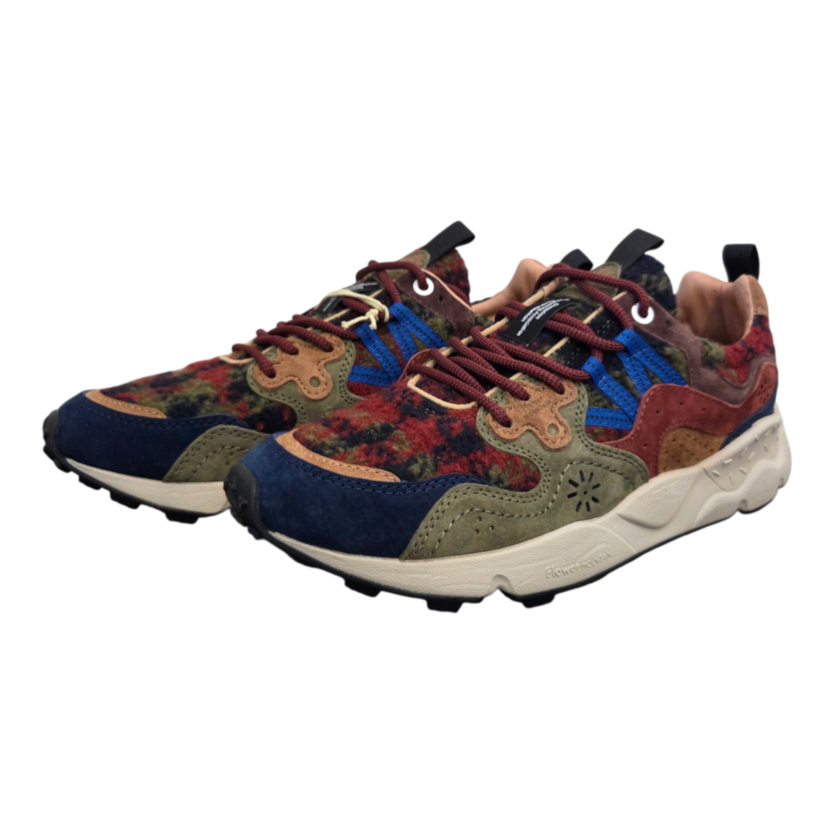 MILWORKS Yamano 3 low-rise sneakers in dark grey, brown, and bordeaux suede and technical fabric with a serrated sole.