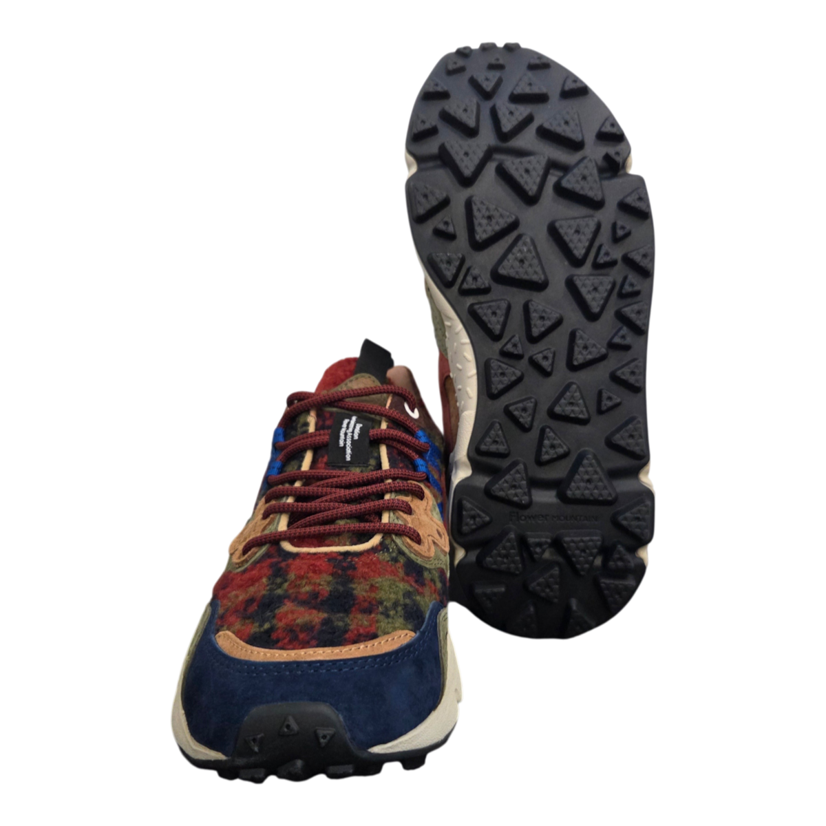 MILWORKS Yamano 3 low rise sneaker in dark grey, brown, and bordeaux with suede inserts and serrated rubber sole.