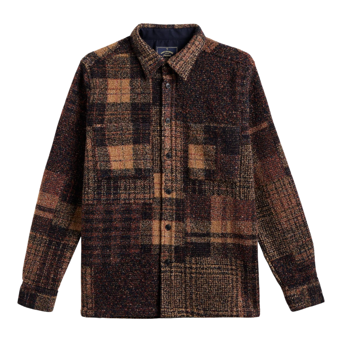 MILWORKS Zender wool plaid shirt in brown and black tones with resin buttons and a classic collar design.