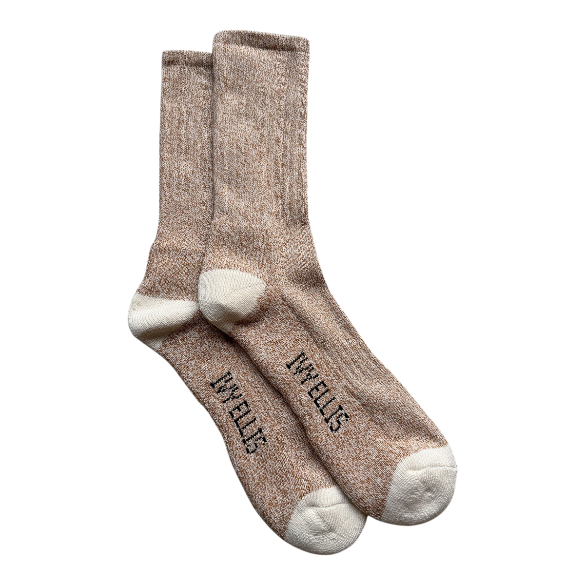 MILWORKS The Zorro crew length socks in a textured brown cotton blend with cream heel and toe detailing.