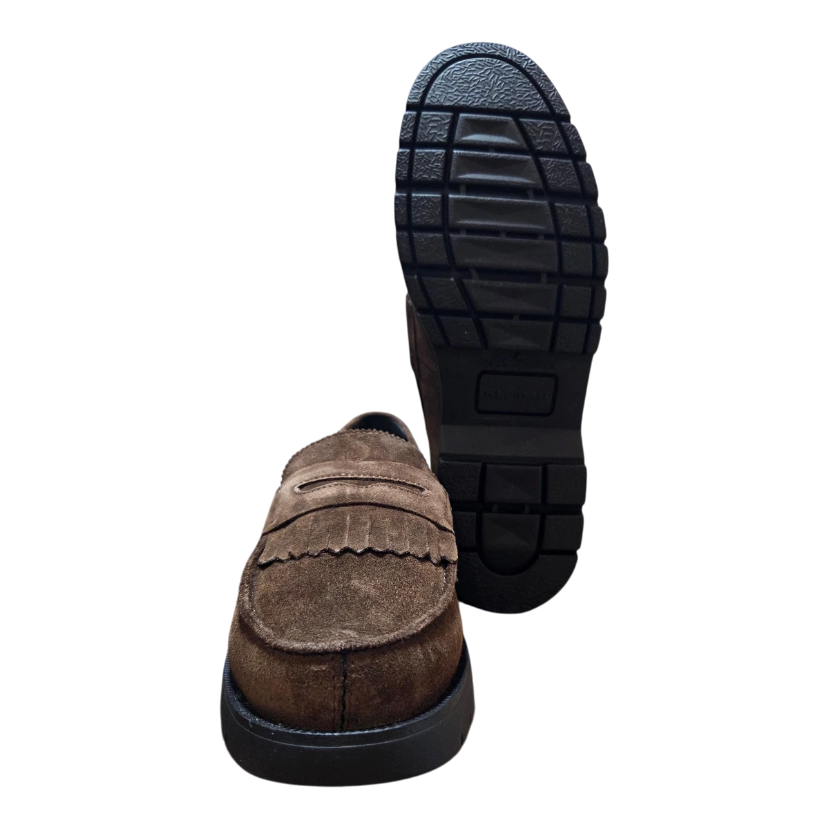 MILWORKSH brown velvet leather kiltie loafers with lug sole. These shoes are made from 100% split cowhide with a suede-like finish.