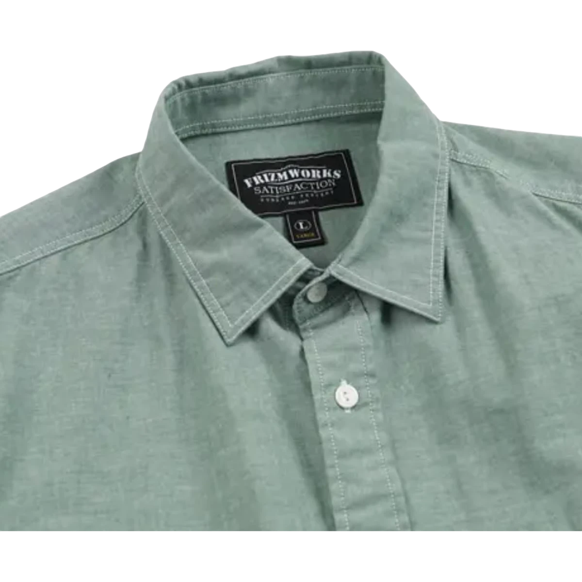 MILWORKSH Chambray Big Pocket Shirt in green cotton with dual chest pockets and white button front.