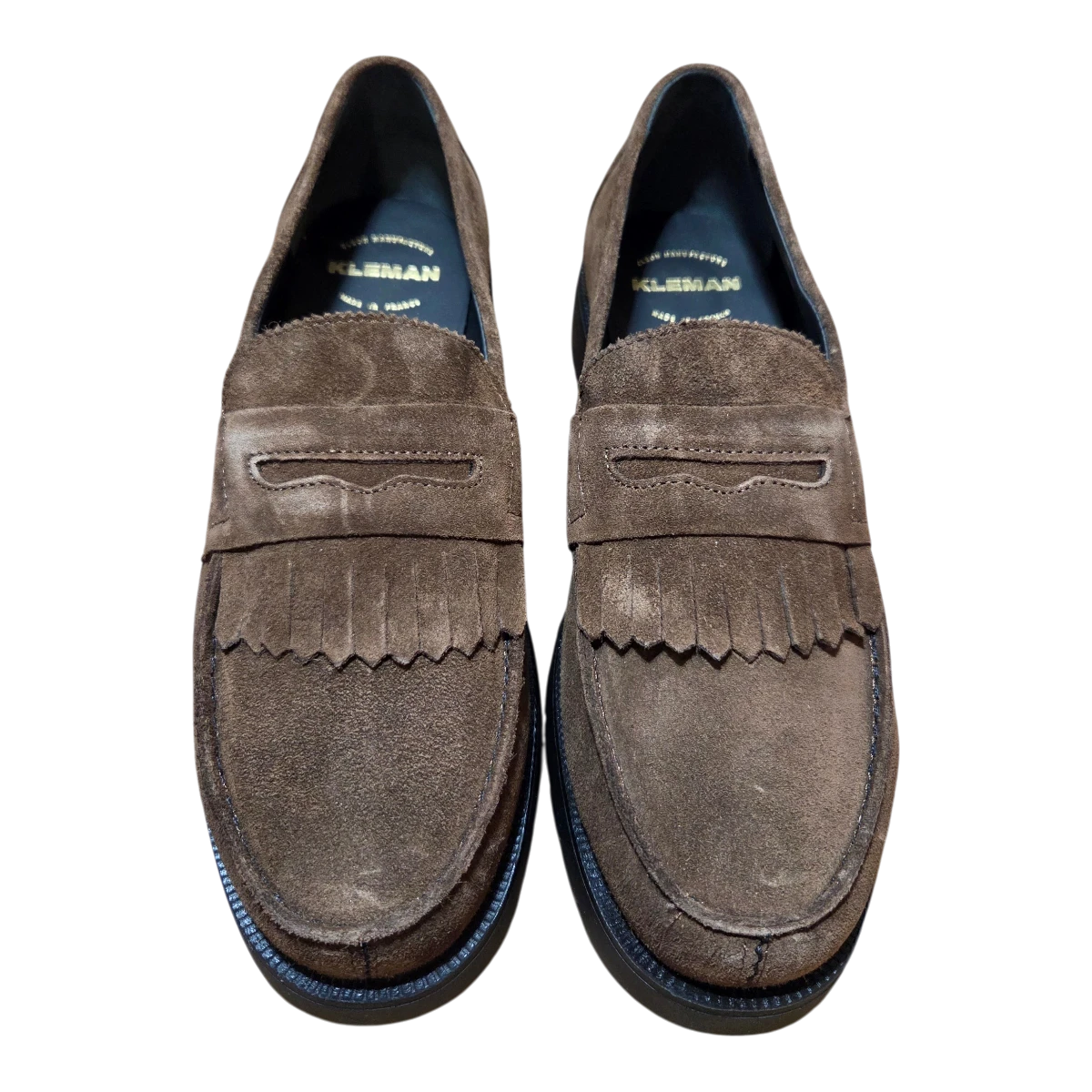 MILWORKSHop brown velvet leather kilty loafers with lug sole and decorative fringe detail.