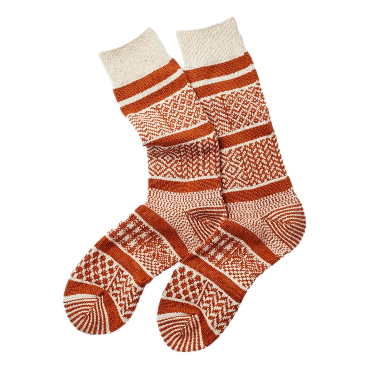 Multi Jacquard Crew Sock Ivory & Rust - Socks