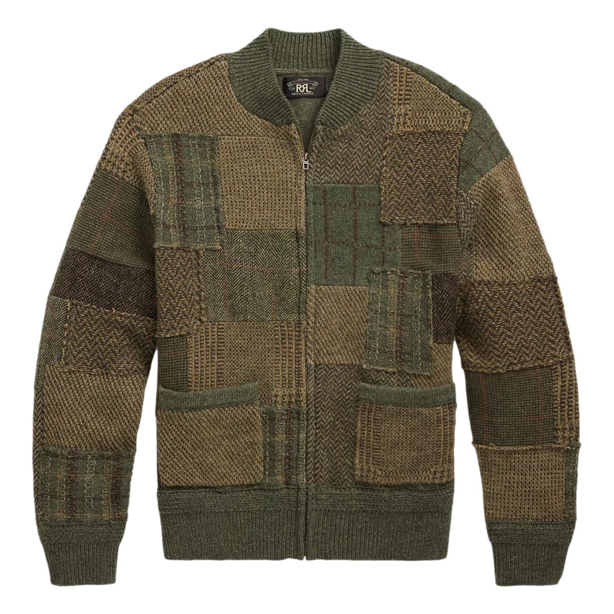 Patchwork Wool-Cashmere Sweater Jacket Olive Multi