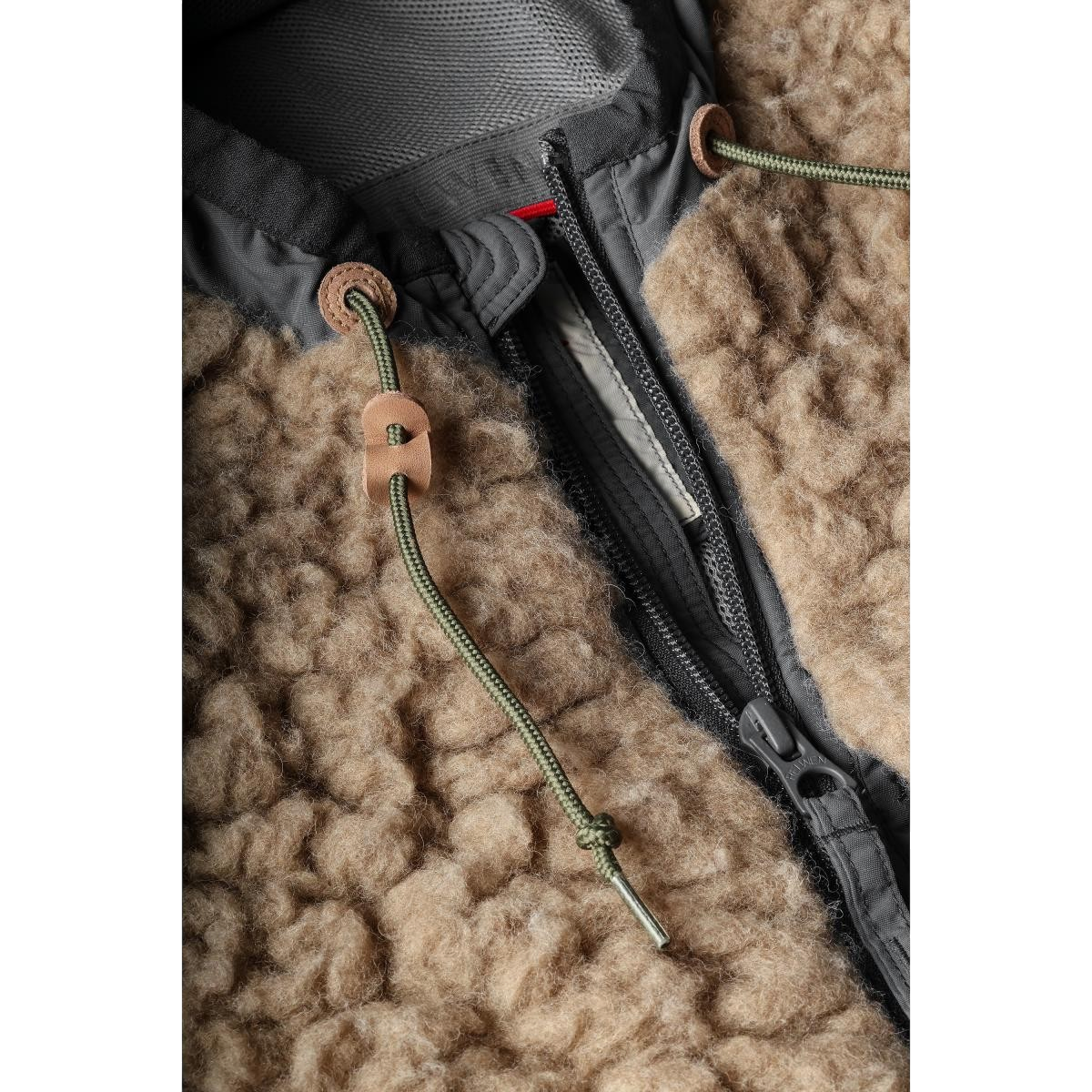Relwen Abominable Hood jacket in bark brown wool-blend sherpa pile with leather drawcord details and zip closure.