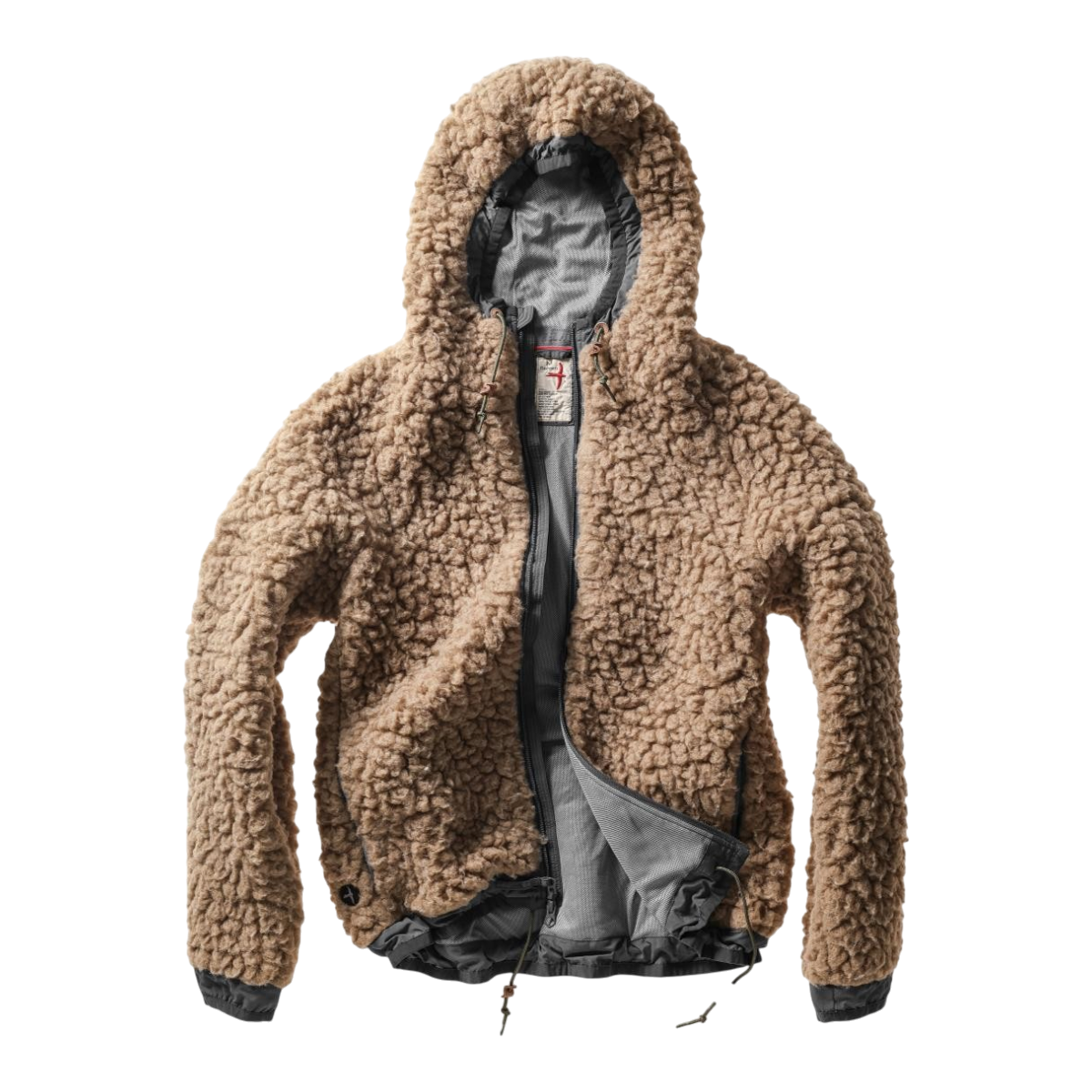 Relwen Abominable Hood jacket in brown sherpa pile with a two-way zipper, hood, and mesh lining.