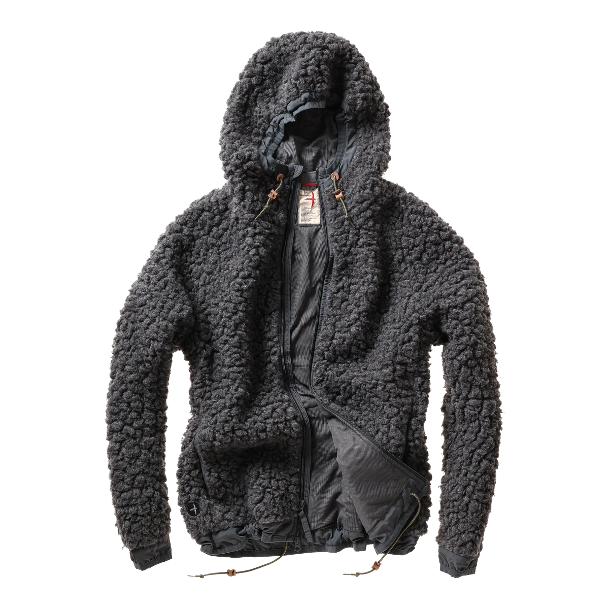 Relwen Abominable charcoal heather wool-blend sherpa pile hooded jacket with a two-way zipper and drawstring hood.