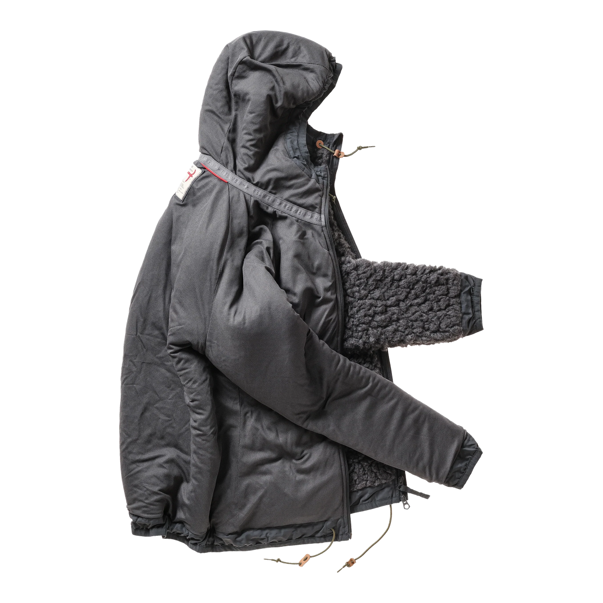 Relwen charcoal heather Abominable hooded jacket in wool-blend sherpa pile with a two-way zipper and drawstring hood.