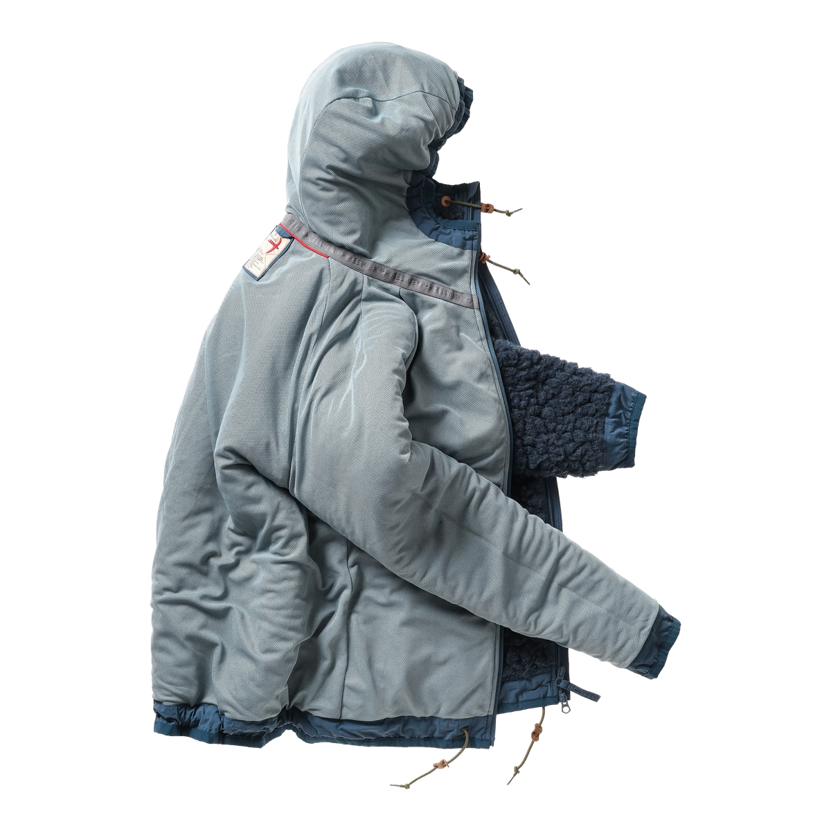 Relwen Abominable Hood jacket in navy heather wool-blend sherpa pile with a two-way zipper and drawstring hood.