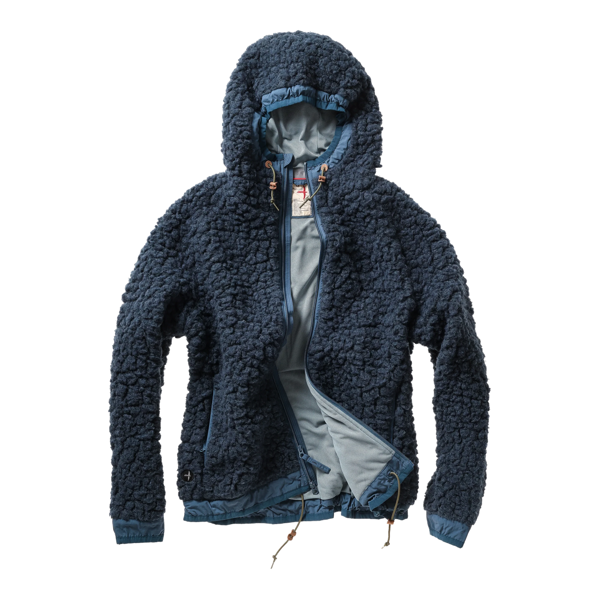 Relwen Abominable Hood jacket in navy heather wool-blend sherpa pile with a two-way zipper and drawstring hood.